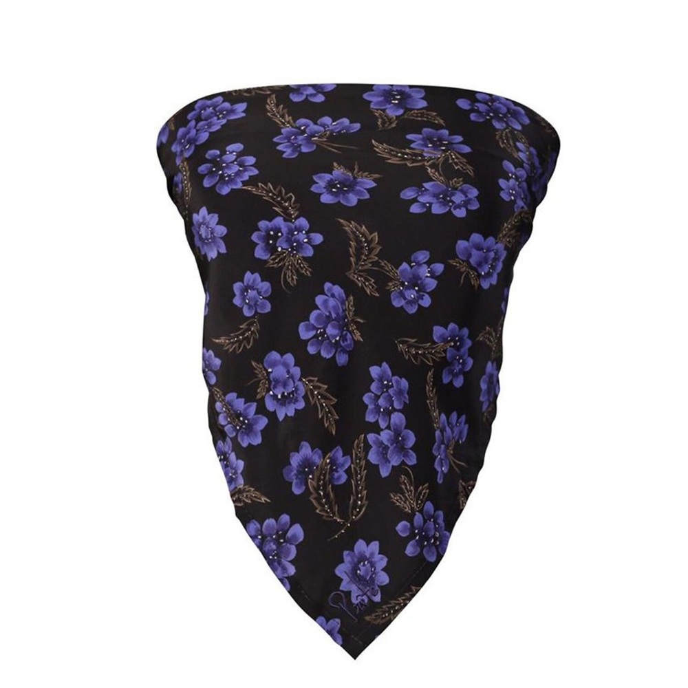 Square silk scarf with black and violet floral print.